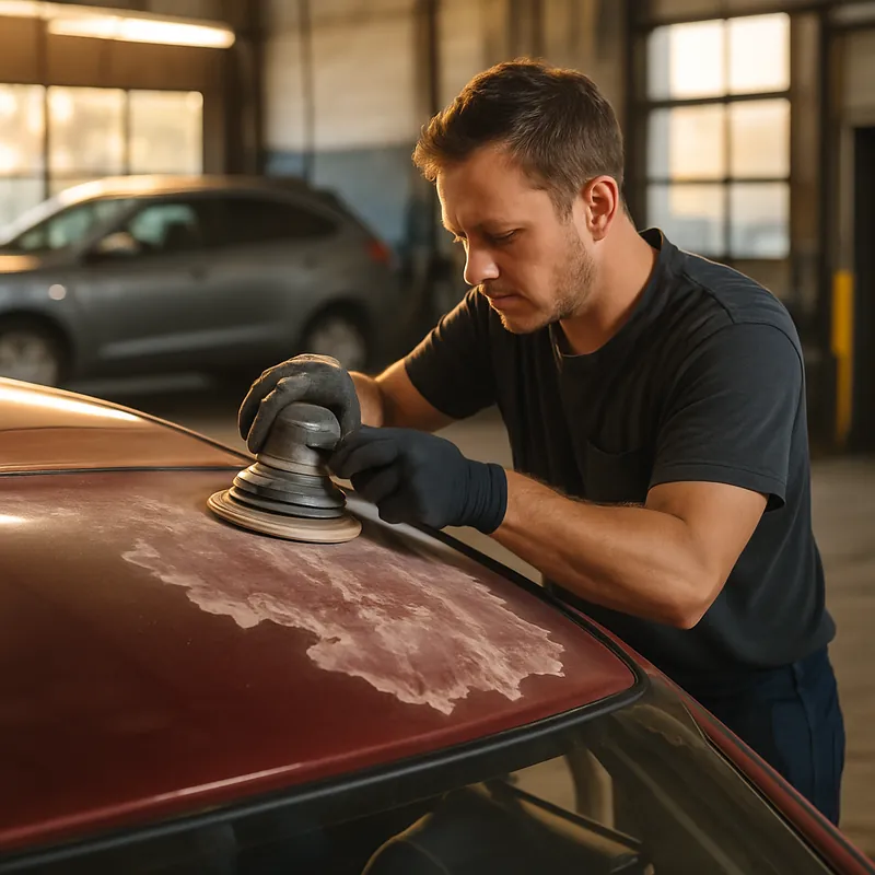 AI-generated auto body post: a technician buffing the hood of a dark red car