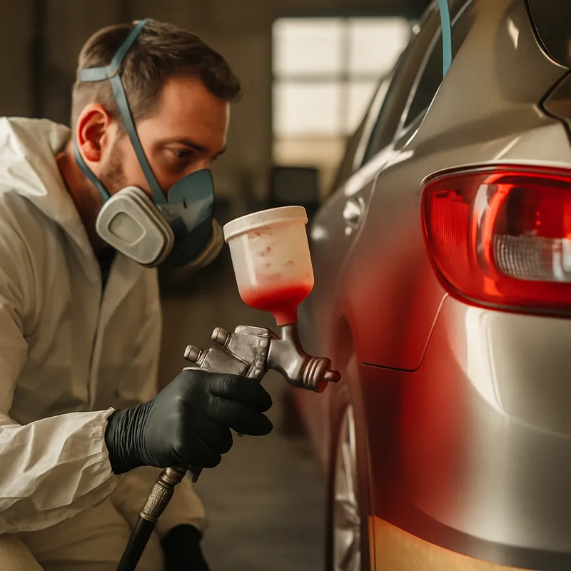 AI-generated auto body post: a painter applying red paint to a car panel