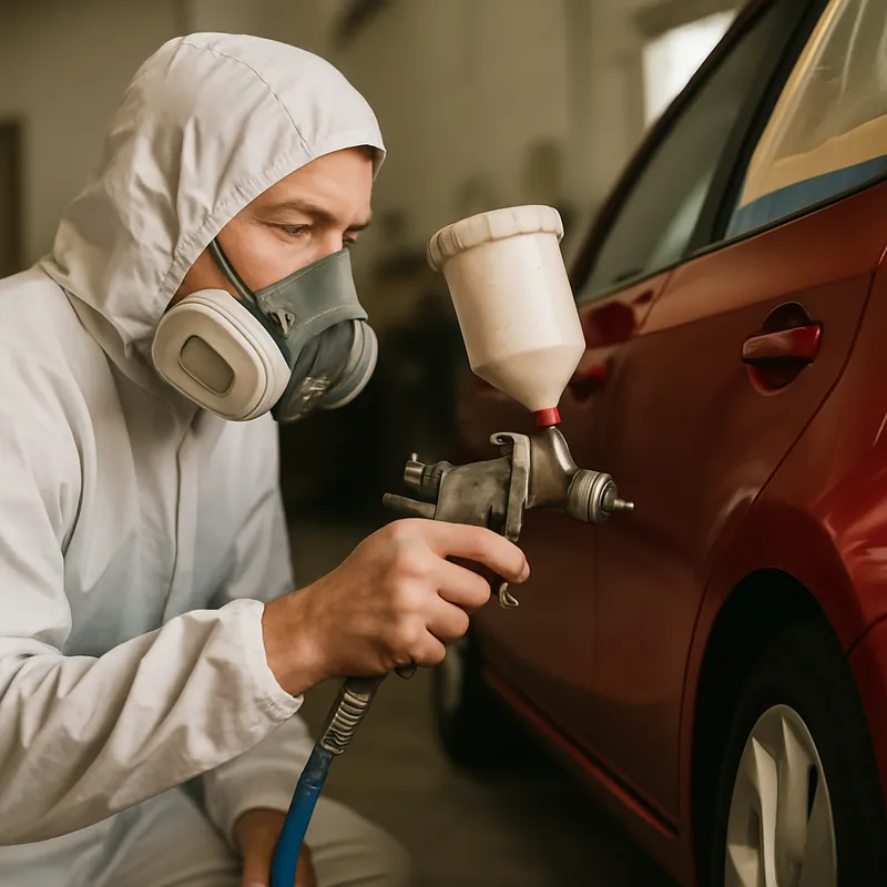AI-generated auto body post: a painter in a spray suit refinishing a red car