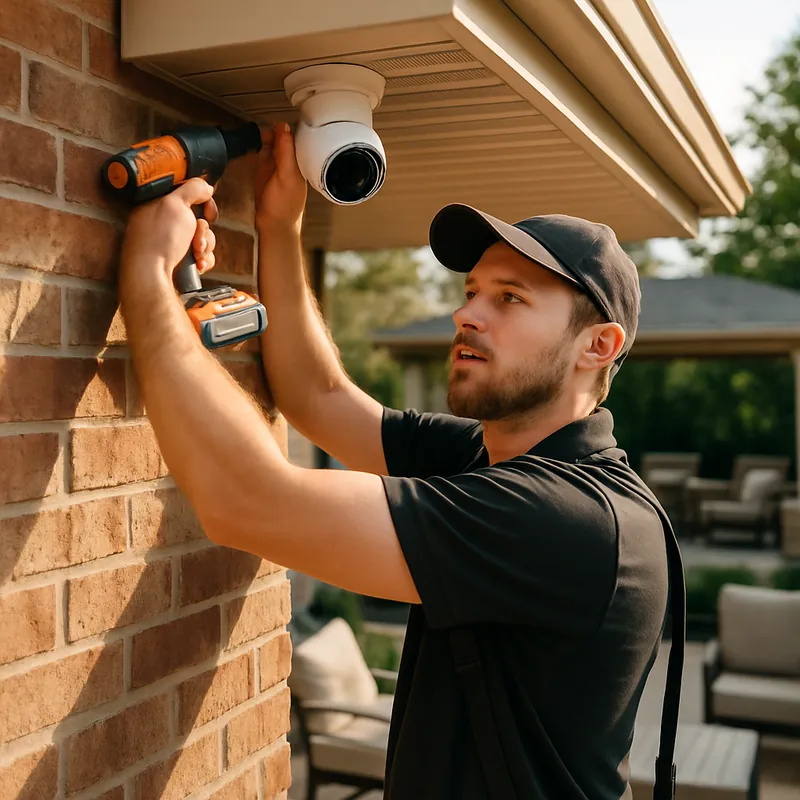AI-generated smart home post: a technician mounting a security camera under a covered patio