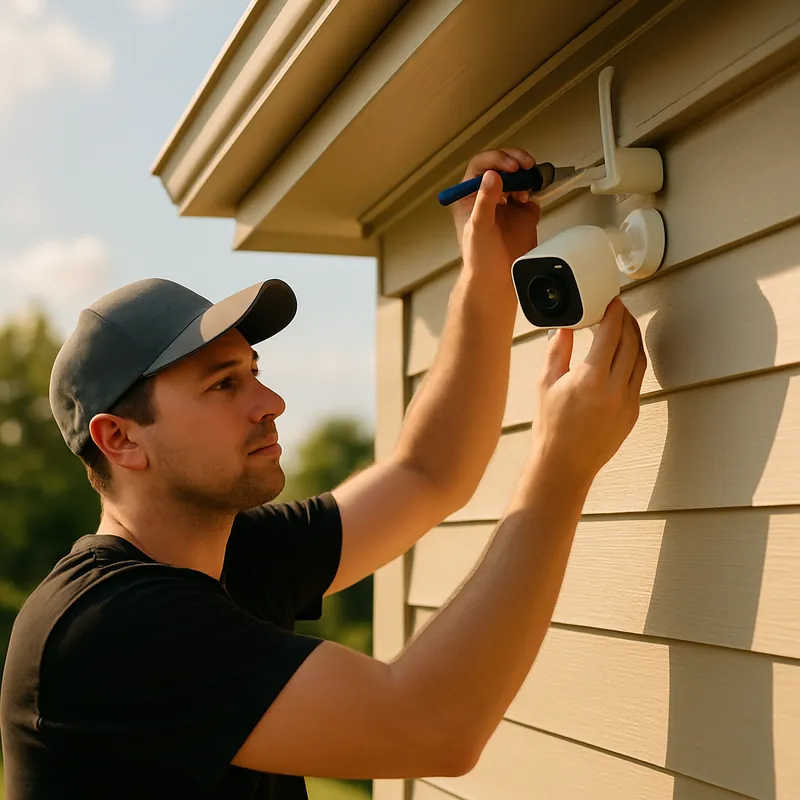 AI-generated smart home post: a technician installing a security camera under a roof eave